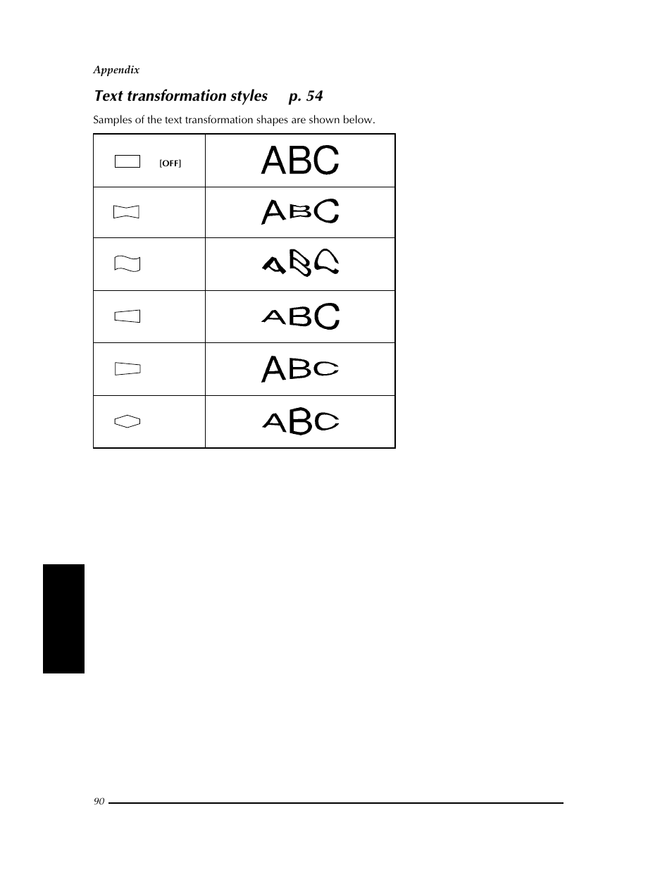 Text transformation styles, Text transformation styles ➩ p. 54 | Brother PT-9400 User Manual | Page 97 / 150
