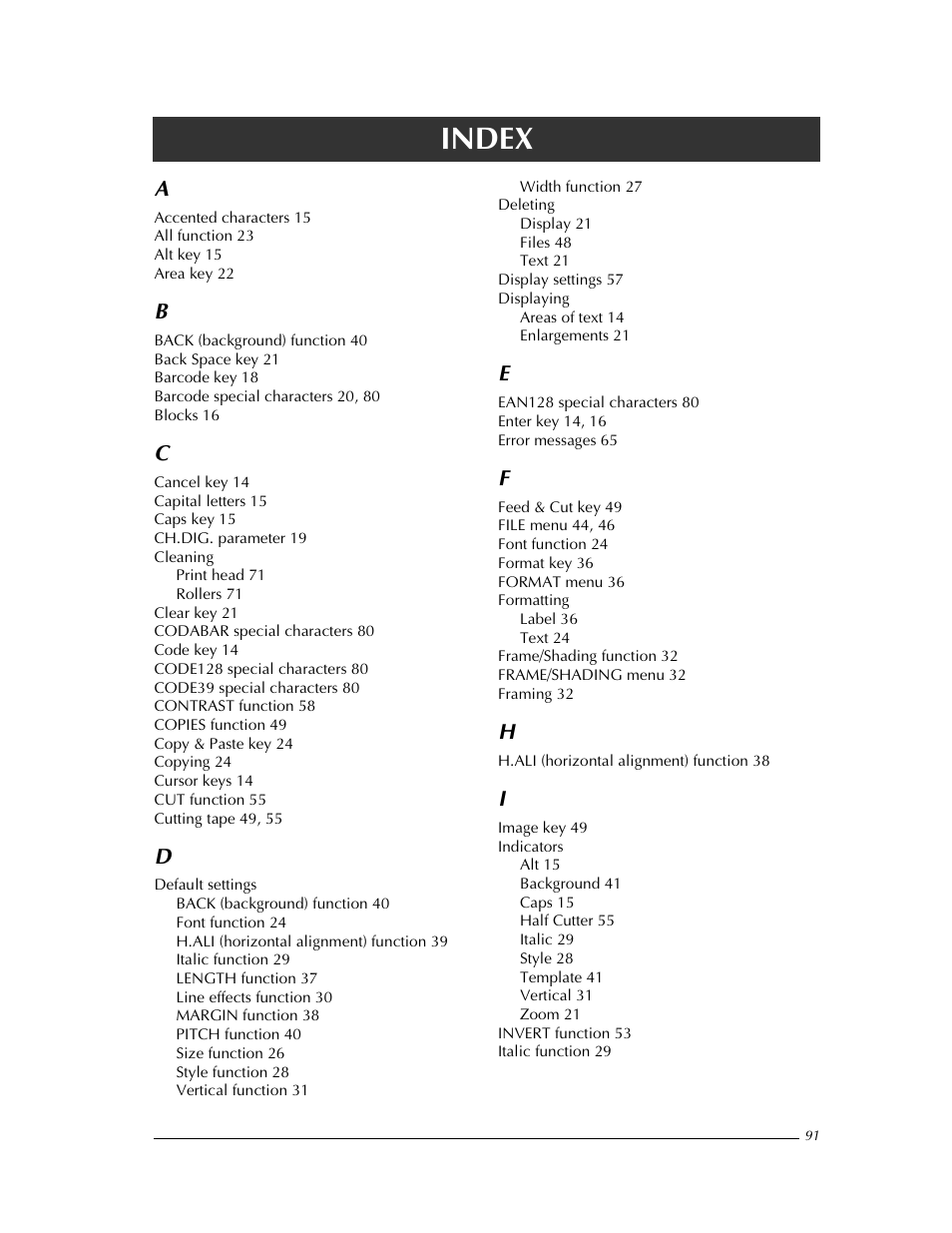 Index | Brother PT-9400 User Manual | Page 98 / 150