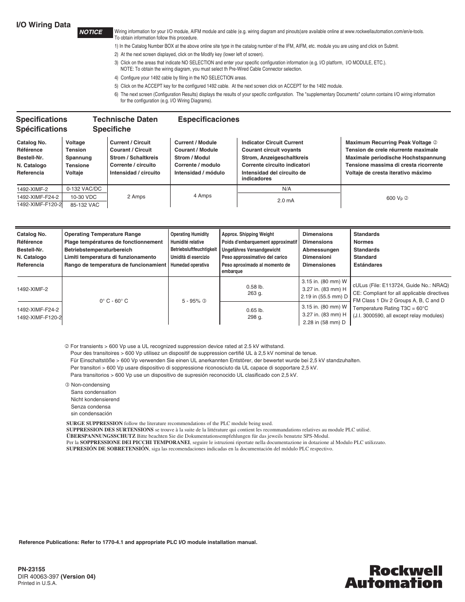 Specifications spécifications, Technische daten specifiche especificaciones, I/o wiring data | Rockwell Automation 1492-XIMF-xxx Fused Expander Interface Modules User Manual | Page 4 / 4