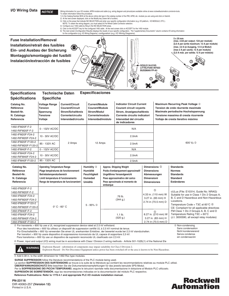 Specifications spécifications, Technische daten specifiche especificaciones, I/o wiring data | Rockwell Automation 1492-IFMxxx Fusible Interface Modules User Manual | Page 4 / 4