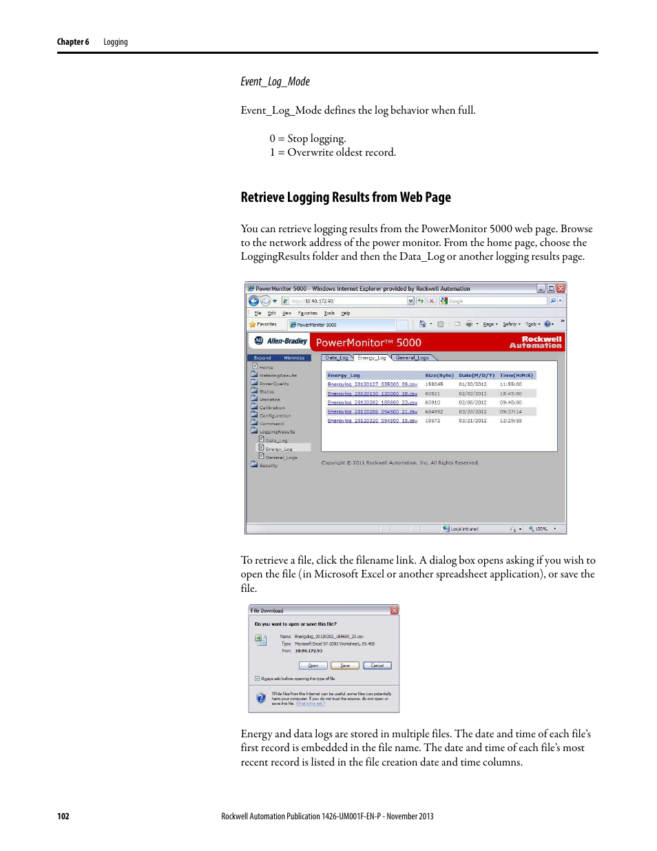 Retrieve logging results from web page | Rockwell Automation 1426 PowerMonitor 5000 Unit User Manual | Page 102 / 396