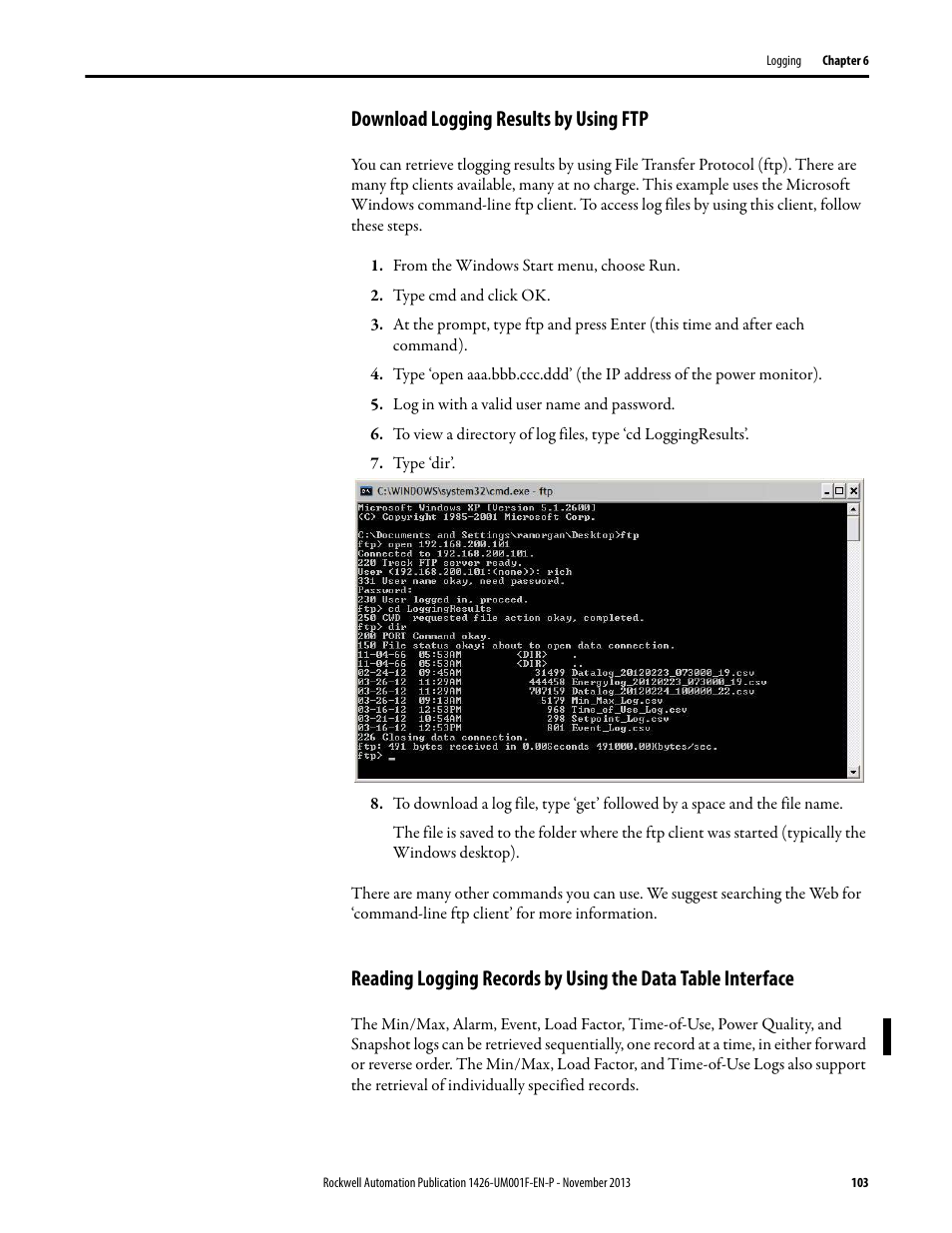 Download logging results by using ftp | Rockwell Automation 1426 PowerMonitor 5000 Unit User Manual | Page 103 / 396