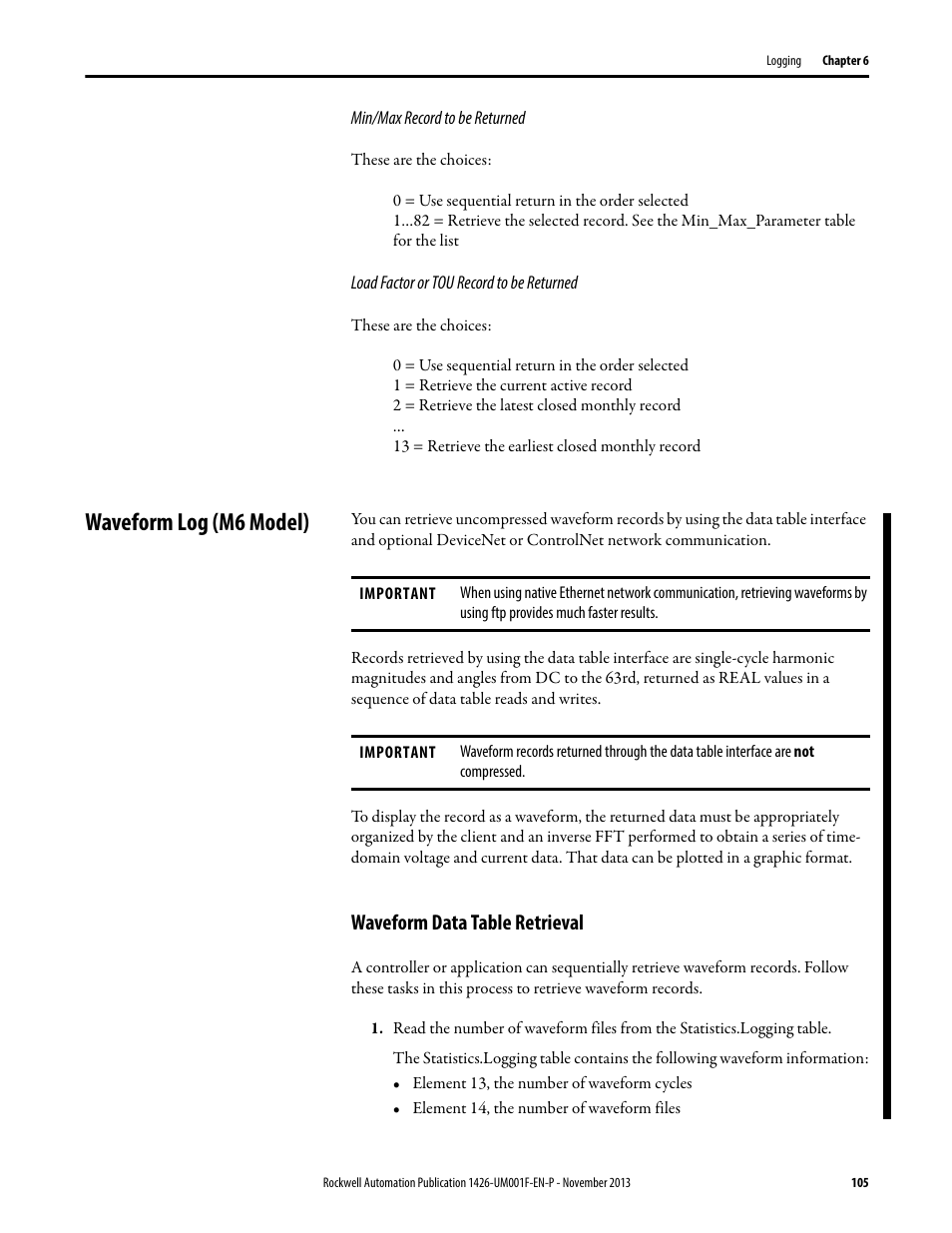 Waveform log (m6 model), Waveform data table retrieval | Rockwell Automation 1426 PowerMonitor 5000 Unit User Manual | Page 105 / 396
