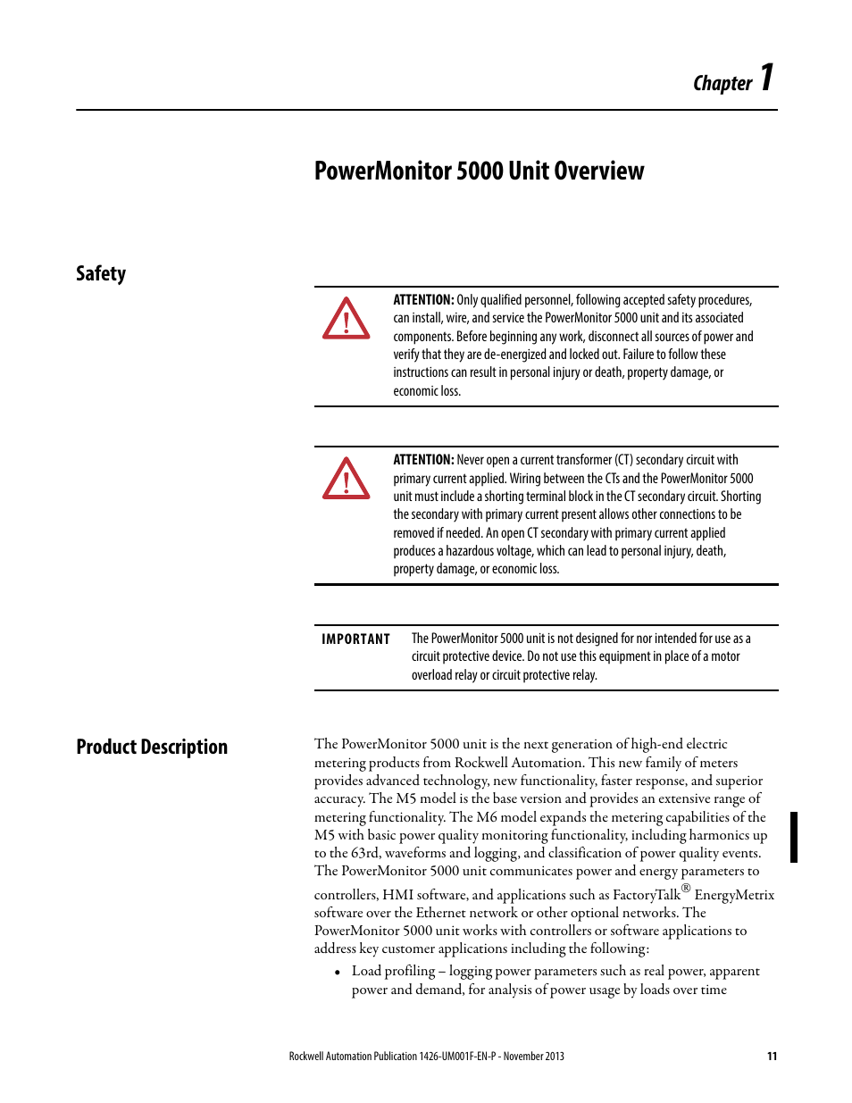 Powermonitor 5000 unit overview, Safety, Product description | Chapter 1, Safety product description, Chapter | Rockwell Automation 1426 PowerMonitor 5000 Unit User Manual | Page 11 / 396