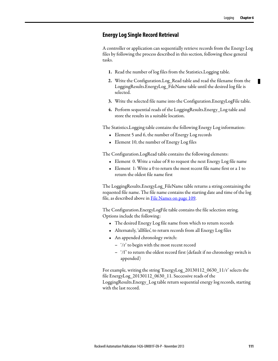 Energy log single record retrieval | Rockwell Automation 1426 PowerMonitor 5000 Unit User Manual | Page 111 / 396