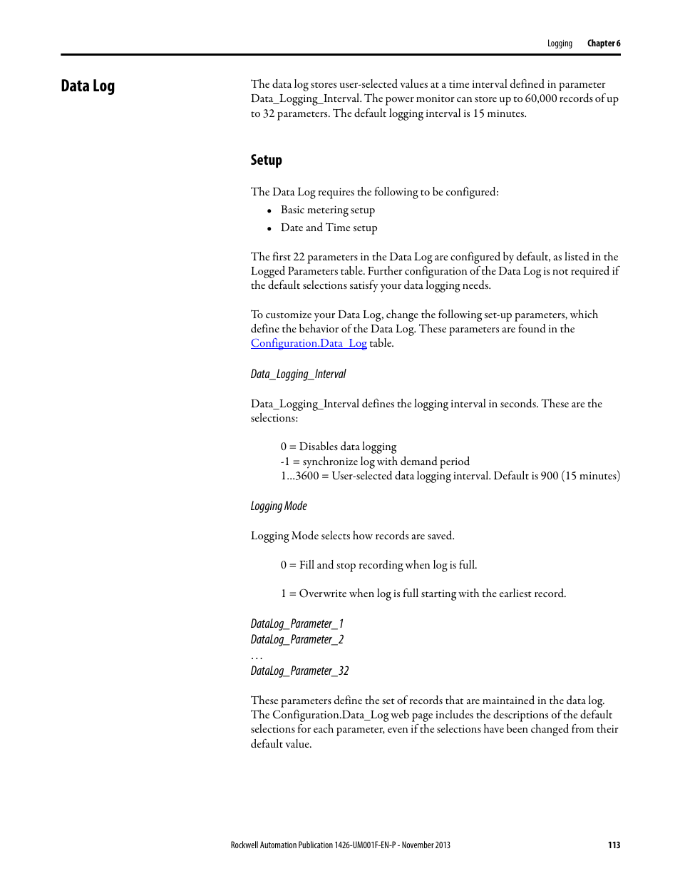 Data log, Setup | Rockwell Automation 1426 PowerMonitor 5000 Unit User Manual | Page 113 / 396