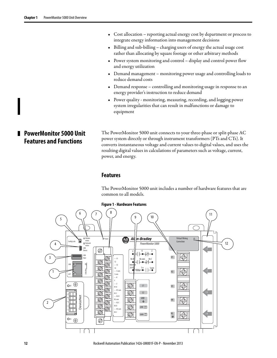 Powermonitor 5000 unit features and functions, Features, Figure 1 - hardware features | Rockwell Automation 1426 PowerMonitor 5000 Unit User Manual | Page 12 / 396