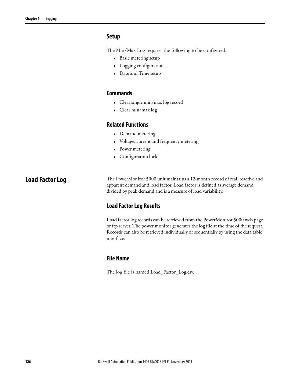 Setup, Commands, Related functions | Load factor log, Load factor log results, File name | Rockwell Automation 1426 PowerMonitor 5000 Unit User Manual | Page 126 / 396