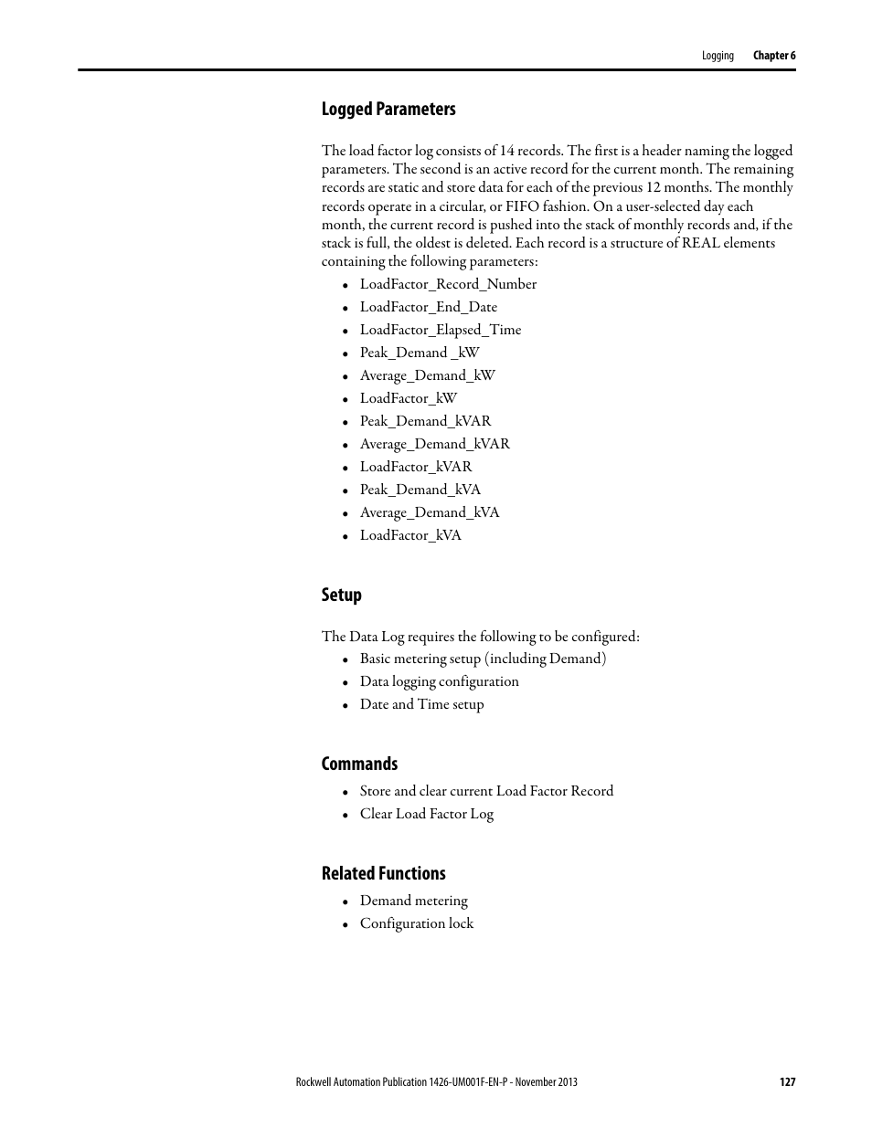 Logged parameters, Setup, Commands | Related functions | Rockwell Automation 1426 PowerMonitor 5000 Unit User Manual | Page 127 / 396