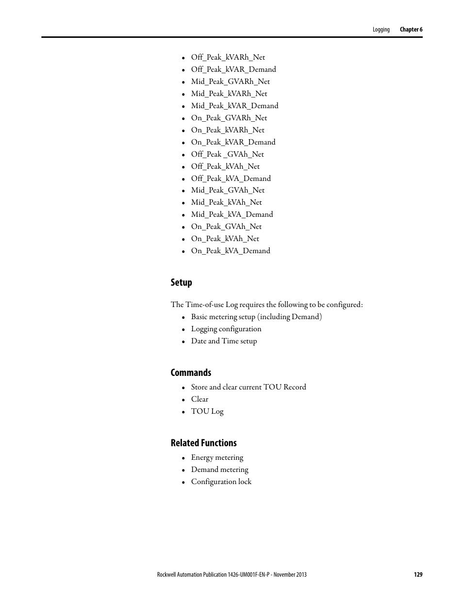 Setup, Commands, Related functions | Rockwell Automation 1426 PowerMonitor 5000 Unit User Manual | Page 129 / 396