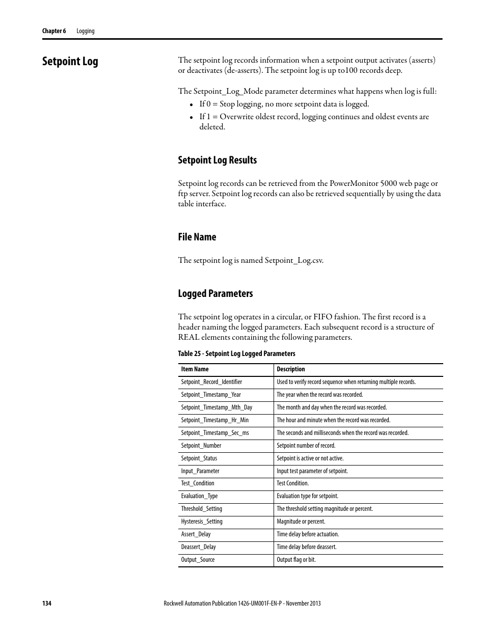 Setpoint log, Setpoint log results, File name | Logged parameters | Rockwell Automation 1426 PowerMonitor 5000 Unit User Manual | Page 134 / 396