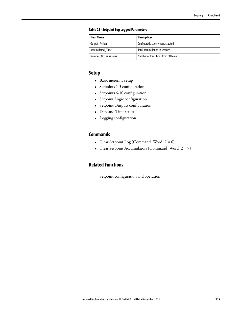 Setup, Commands, Related functions | Rockwell Automation 1426 PowerMonitor 5000 Unit User Manual | Page 135 / 396