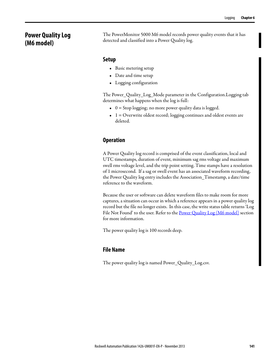 Power quality log (m6 model), Setup, Operation | File name | Rockwell Automation 1426 PowerMonitor 5000 Unit User Manual | Page 141 / 396