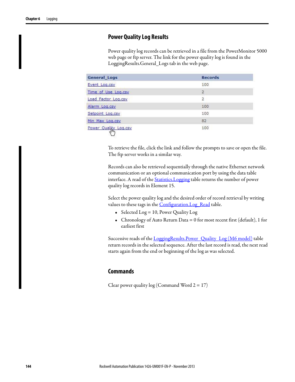 Power quality log results, Commands | Rockwell Automation 1426 PowerMonitor 5000 Unit User Manual | Page 144 / 396