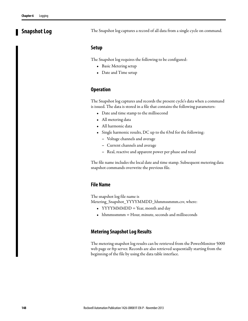 Snapshot log, Setup, Operation | File name, Metering snapshot log results | Rockwell Automation 1426 PowerMonitor 5000 Unit User Manual | Page 148 / 396