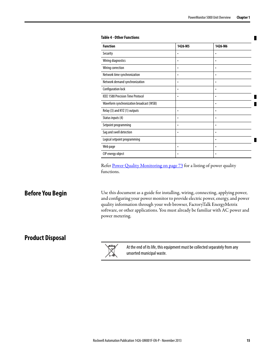 Before you begin, Product disposal, Before you begin product disposal | Rockwell Automation 1426 PowerMonitor 5000 Unit User Manual | Page 15 / 396