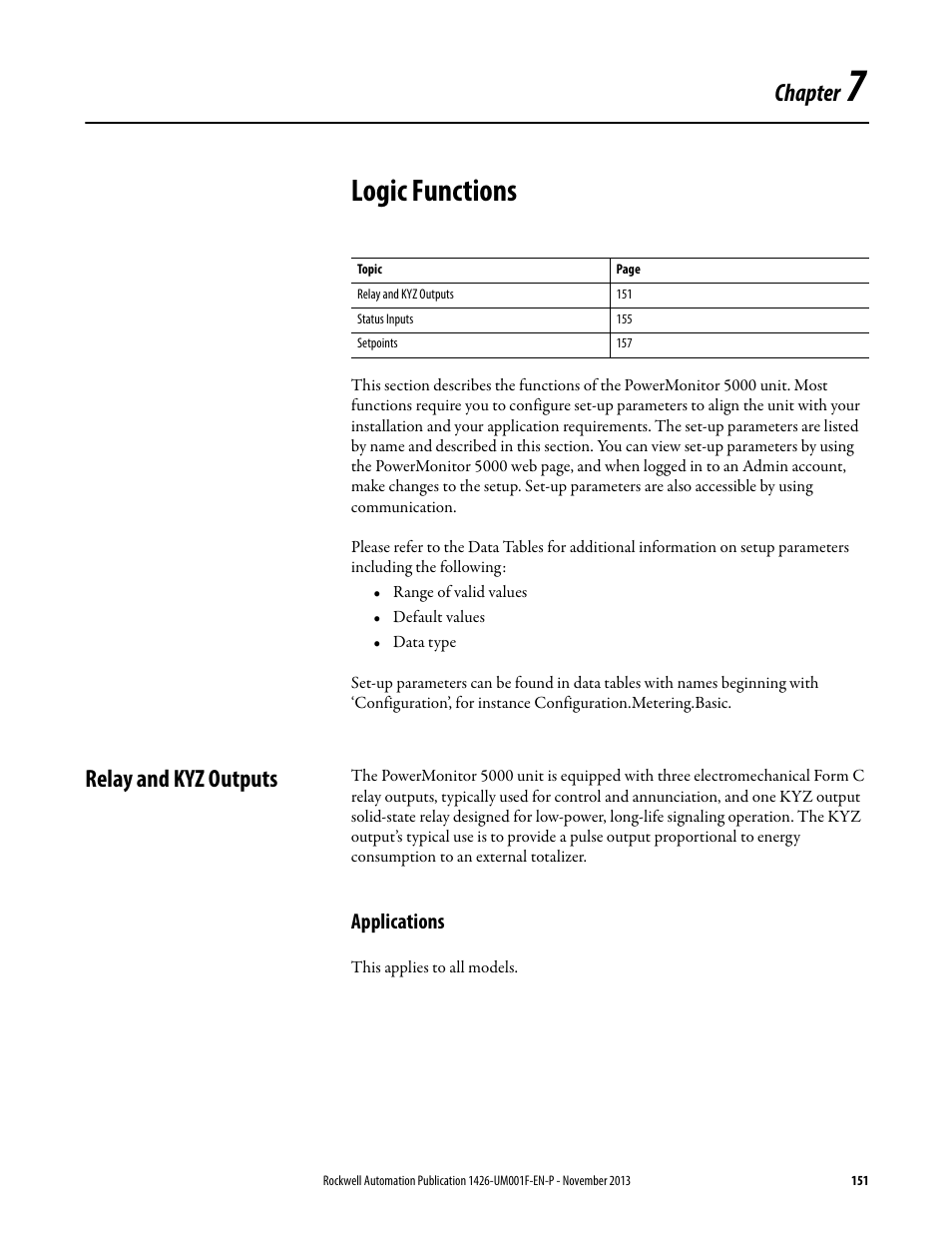 Logic functions, Relay and kyz outputs, Applications | Chapter 7, Chapter | Rockwell Automation 1426 PowerMonitor 5000 Unit User Manual | Page 151 / 396