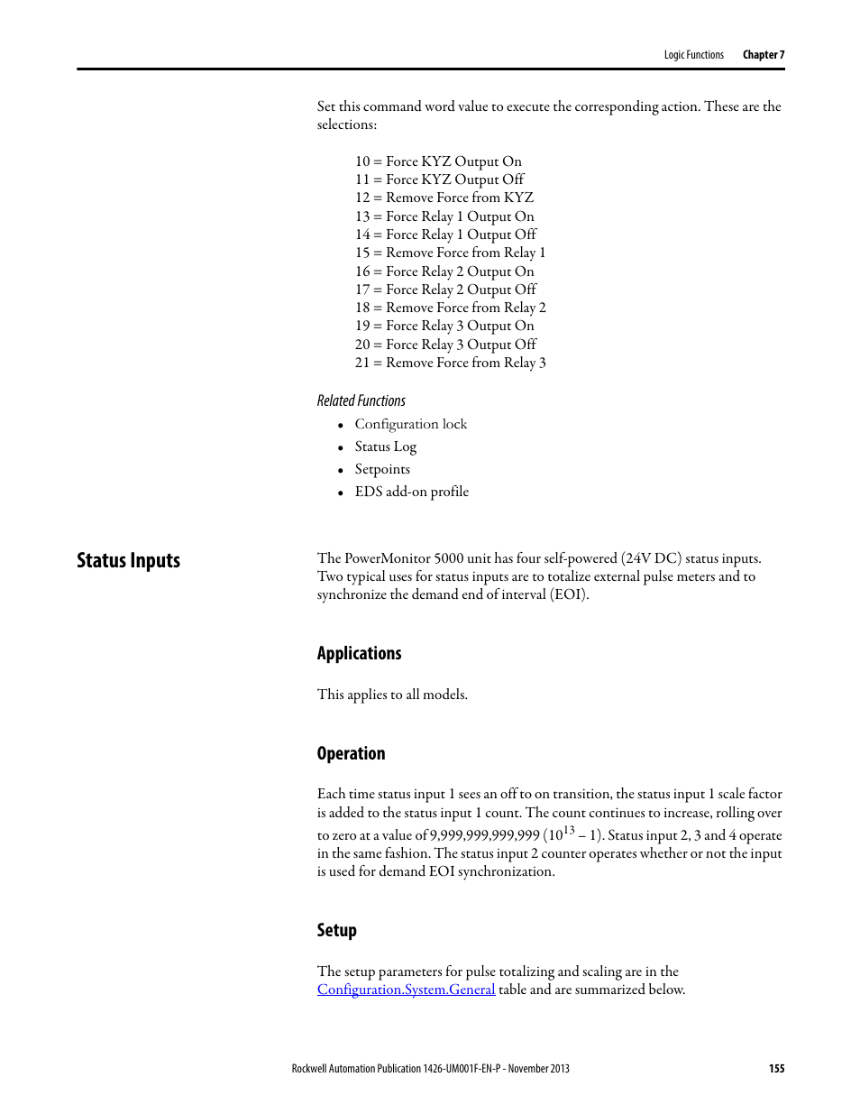 Status inputs, Applications, Operation | Setup | Rockwell Automation 1426 PowerMonitor 5000 Unit User Manual | Page 155 / 396