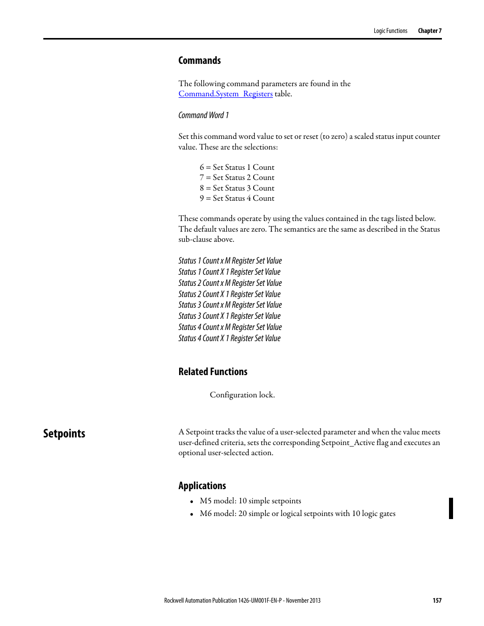 Commands, Related functions, Setpoints | Applications | Rockwell Automation 1426 PowerMonitor 5000 Unit User Manual | Page 157 / 396