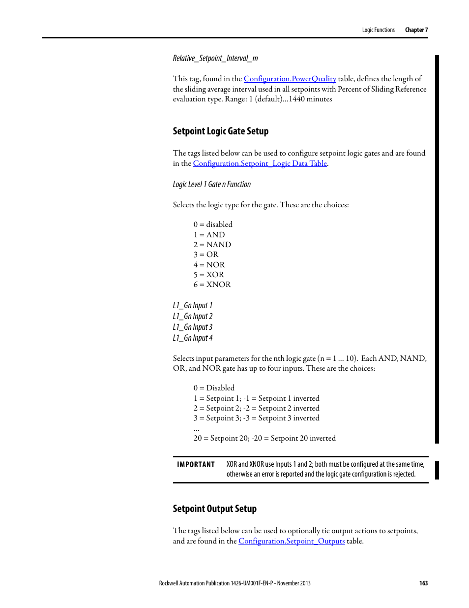 Setpoint logic gate setup, Setpoint output setup | Rockwell Automation 1426 PowerMonitor 5000 Unit User Manual | Page 163 / 396