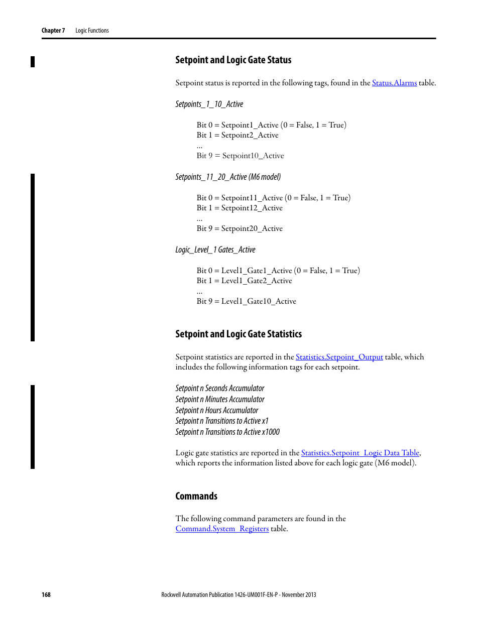 Setpoint and logic gate status, Setpoint and logic gate statistics, Commands | Rockwell Automation 1426 PowerMonitor 5000 Unit User Manual | Page 168 / 396