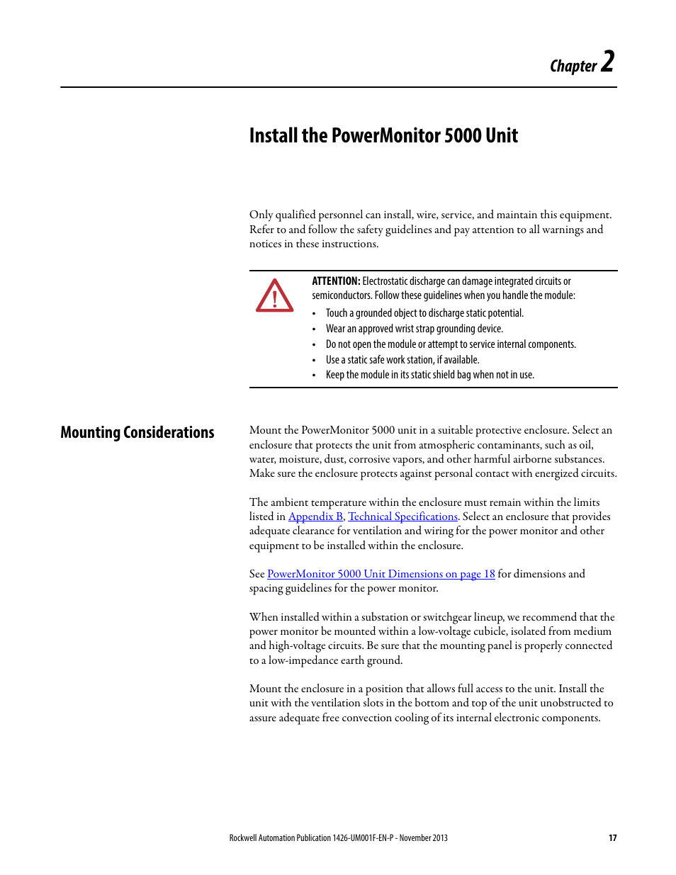 Install the powermonitor 5000 unit, Mounting considerations, Chapter 2 | Chapter | Rockwell Automation 1426 PowerMonitor 5000 Unit User Manual | Page 17 / 396