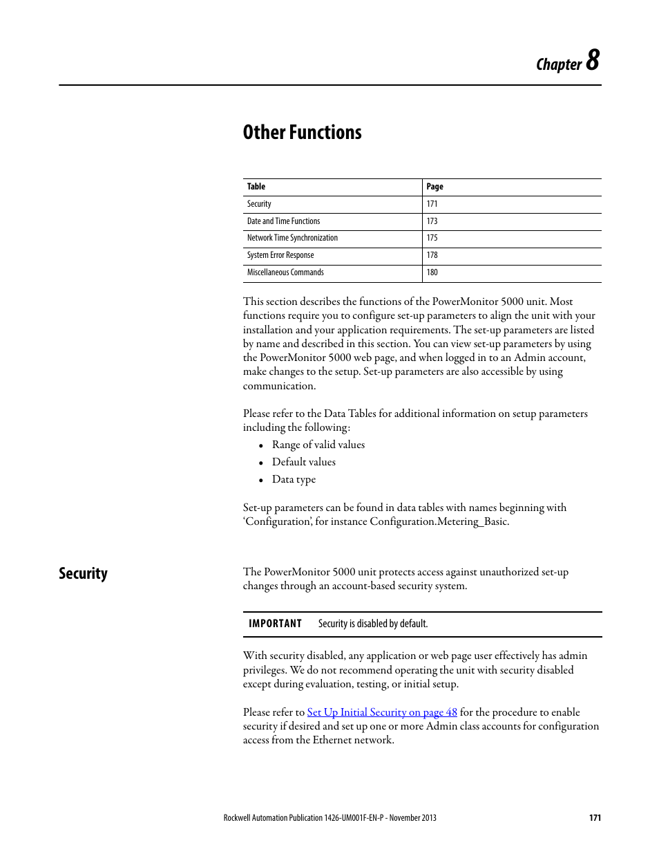 Other functions, Security, Chapter 8 | Chapter | Rockwell Automation 1426 PowerMonitor 5000 Unit User Manual | Page 171 / 396