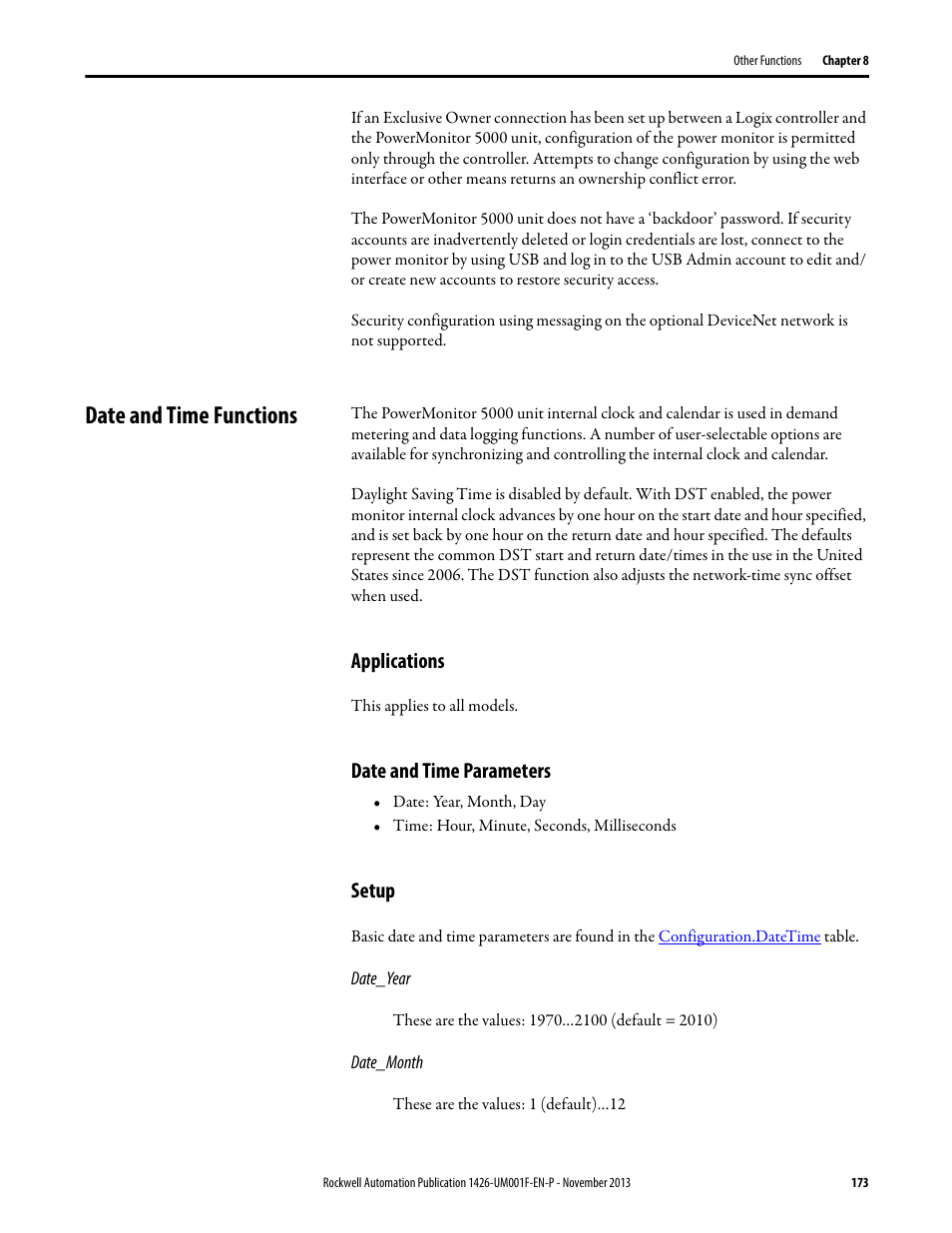 Date and time functions, Applications, Date and time parameters | Setup | Rockwell Automation 1426 PowerMonitor 5000 Unit User Manual | Page 173 / 396