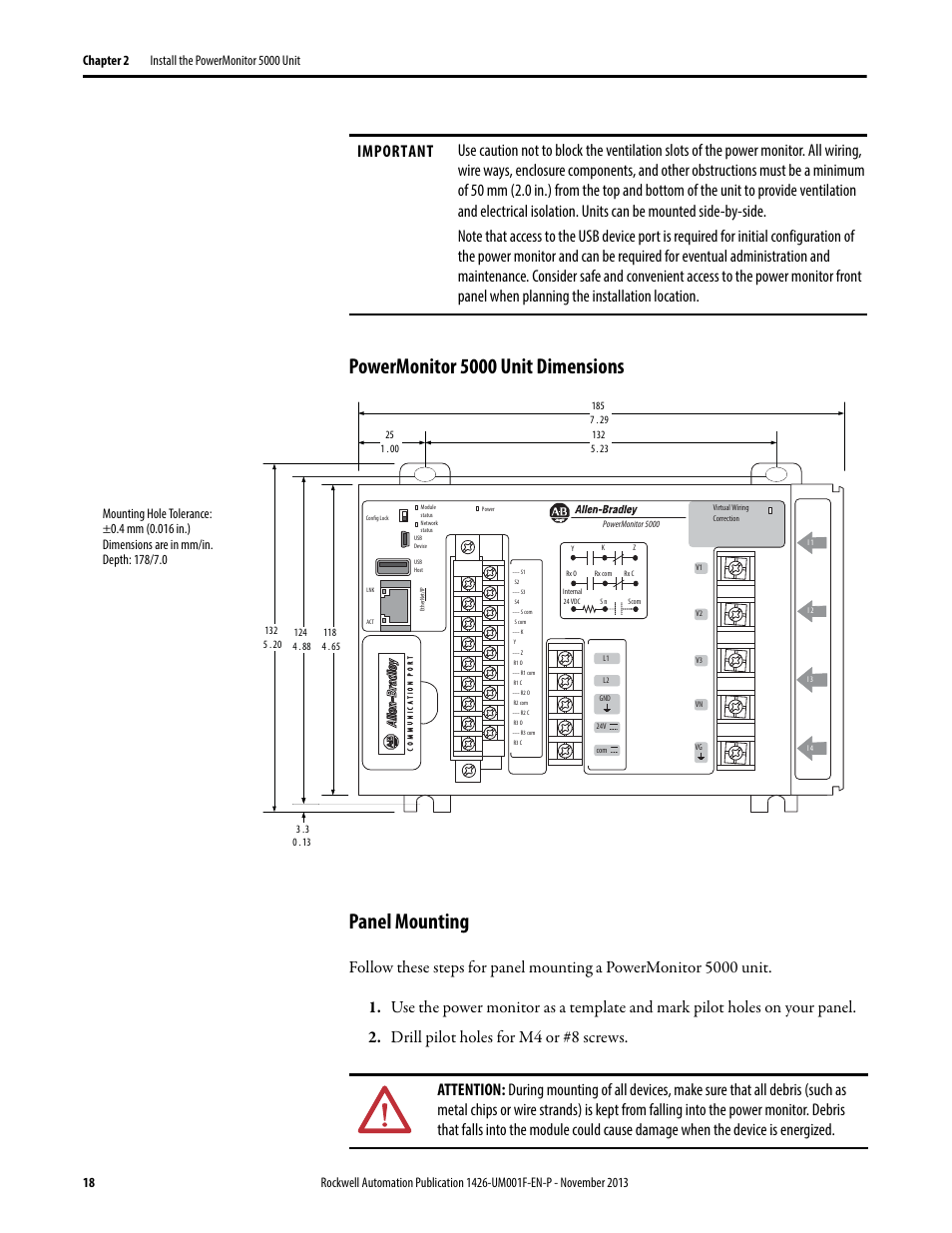 Powermonitor 5000 unit dimensions, Panel mounting, Powermonitor 5000 unit dimensions panel mounting | Rockwell Automation 1426 PowerMonitor 5000 Unit User Manual | Page 18 / 396