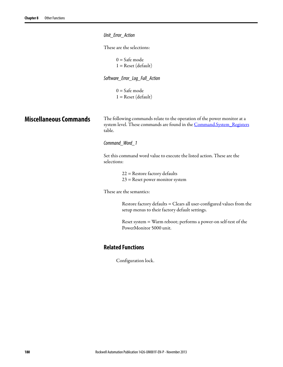 Miscellaneous commands, Related functions | Rockwell Automation 1426 PowerMonitor 5000 Unit User Manual | Page 180 / 396