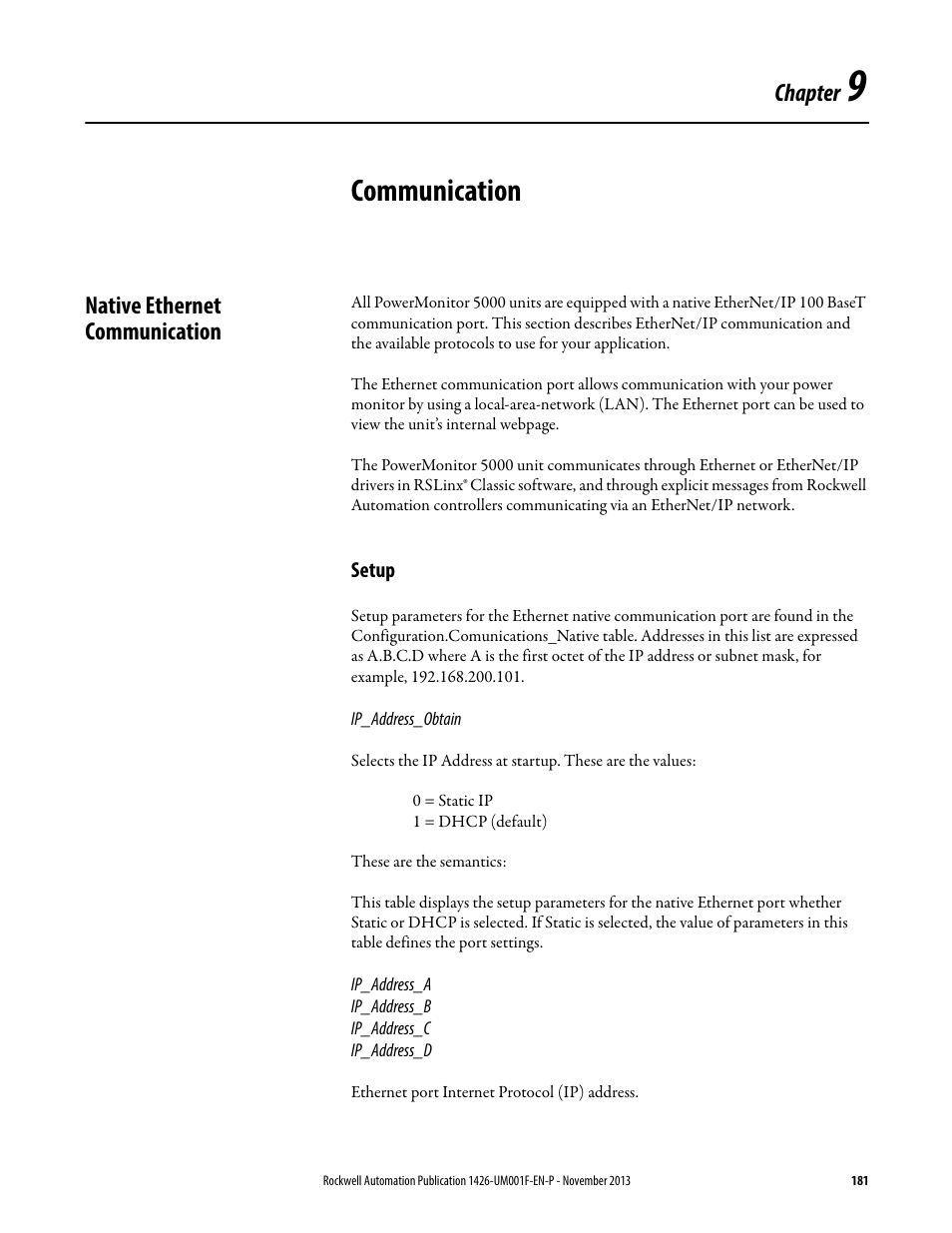 Communication, Native ethernet communication, Setup | Chapter, Chapter 9, Refer to | Rockwell Automation 1426 PowerMonitor 5000 Unit User Manual | Page 181 / 396