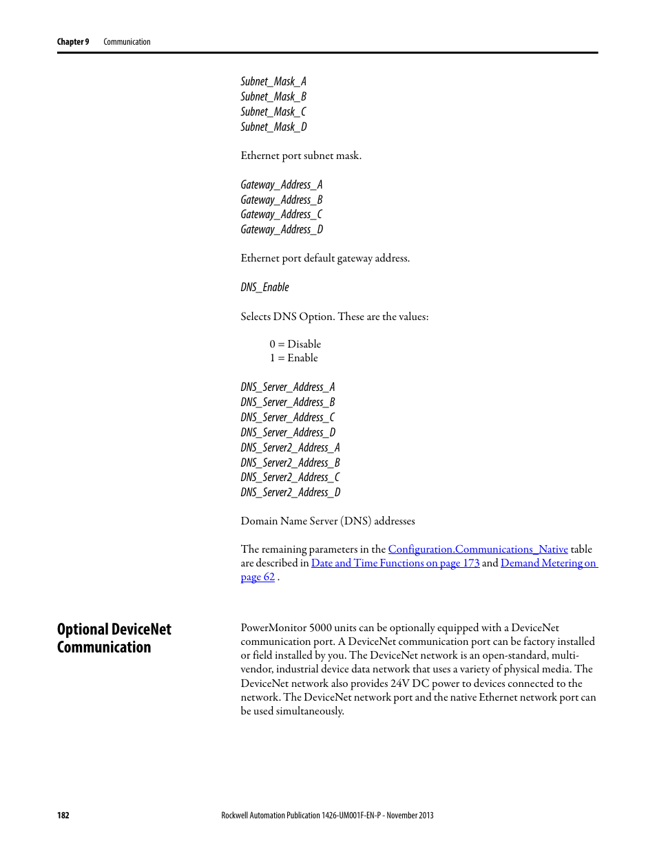 Optional devicenet communication | Rockwell Automation 1426 PowerMonitor 5000 Unit User Manual | Page 182 / 396