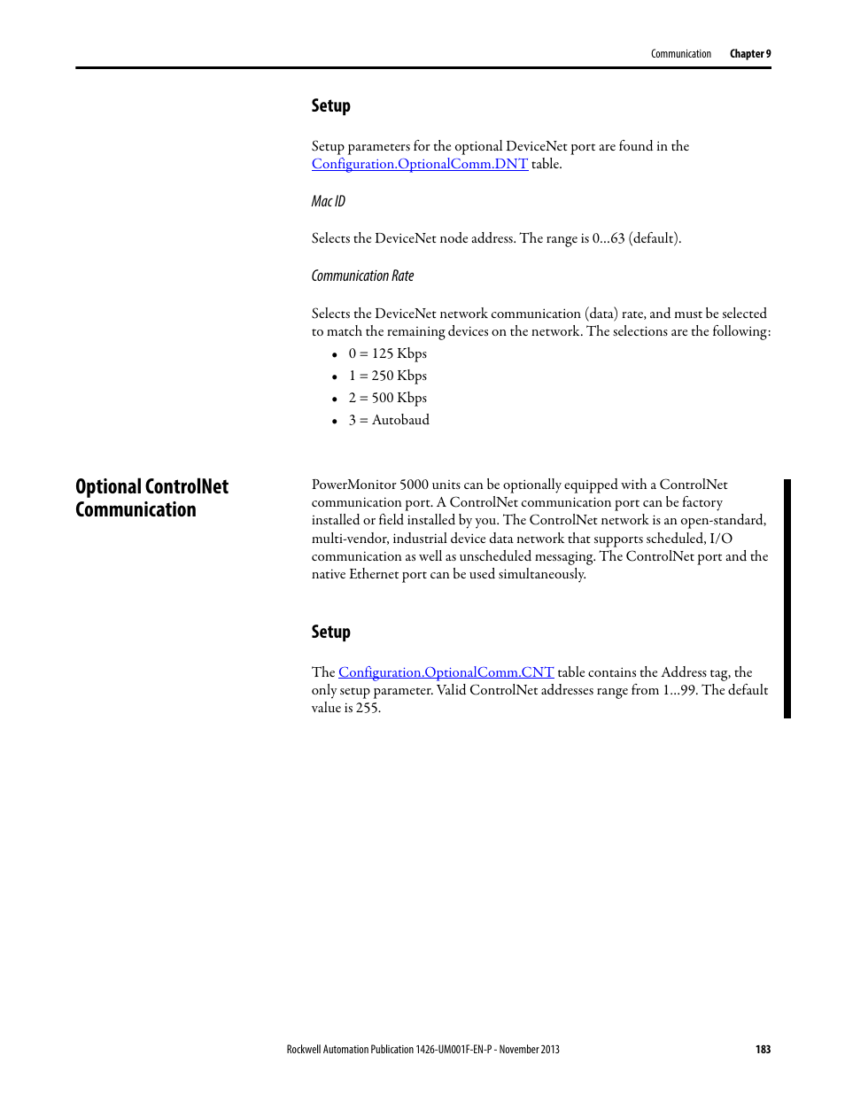 Setup, Optional controlnet communication | Rockwell Automation 1426 PowerMonitor 5000 Unit User Manual | Page 183 / 396