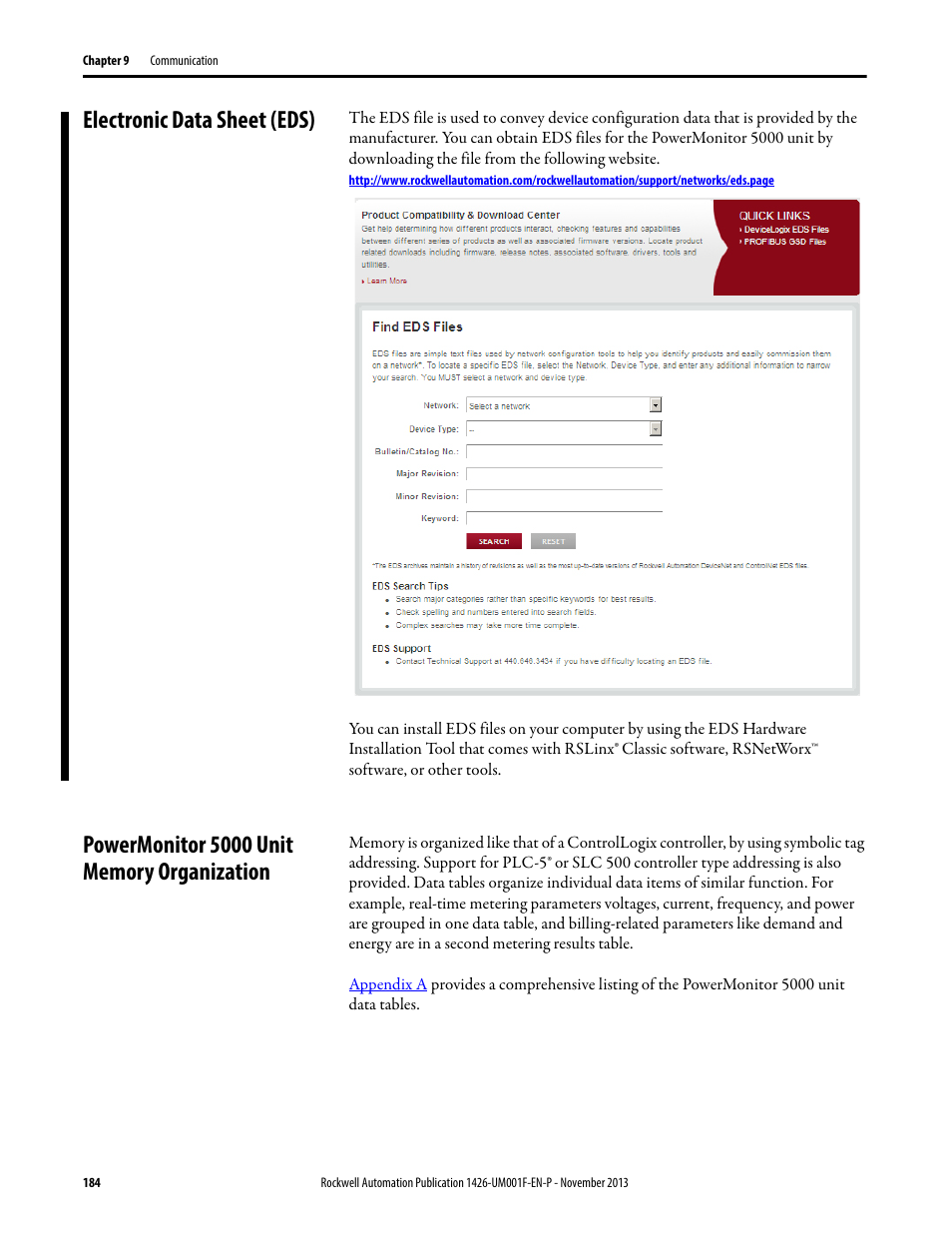 Electronic data sheet (eds), Powermonitor 5000 unit memory organization | Rockwell Automation 1426 PowerMonitor 5000 Unit User Manual | Page 184 / 396