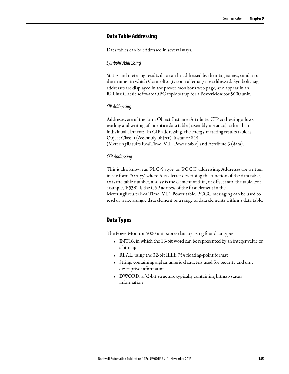 Data table addressing, Data types | Rockwell Automation 1426 PowerMonitor 5000 Unit User Manual | Page 185 / 396