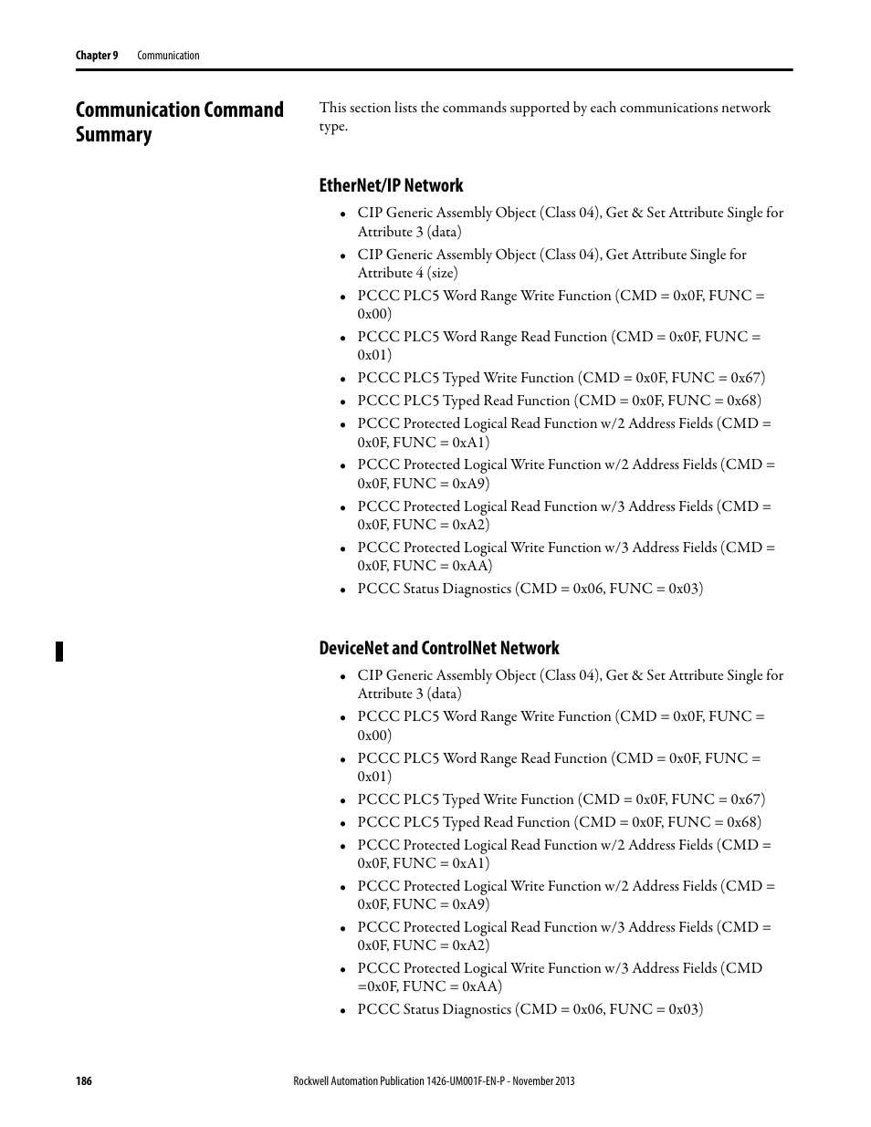 Communication command summary, Ethernet/ip network, Devicenet and controlnet network | Rockwell Automation 1426 PowerMonitor 5000 Unit User Manual | Page 186 / 396