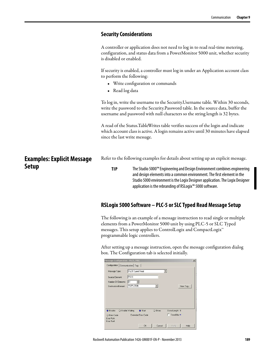 Security considerations, Examples: explicit message setup | Rockwell Automation 1426 PowerMonitor 5000 Unit User Manual | Page 189 / 396