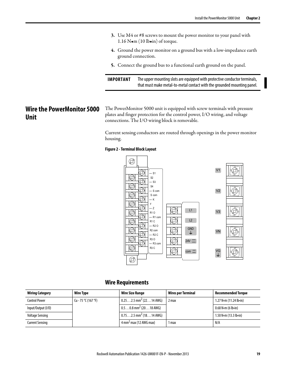 Wire the powermonitor 5000 unit, Wire requirements | Rockwell Automation 1426 PowerMonitor 5000 Unit User Manual | Page 19 / 396