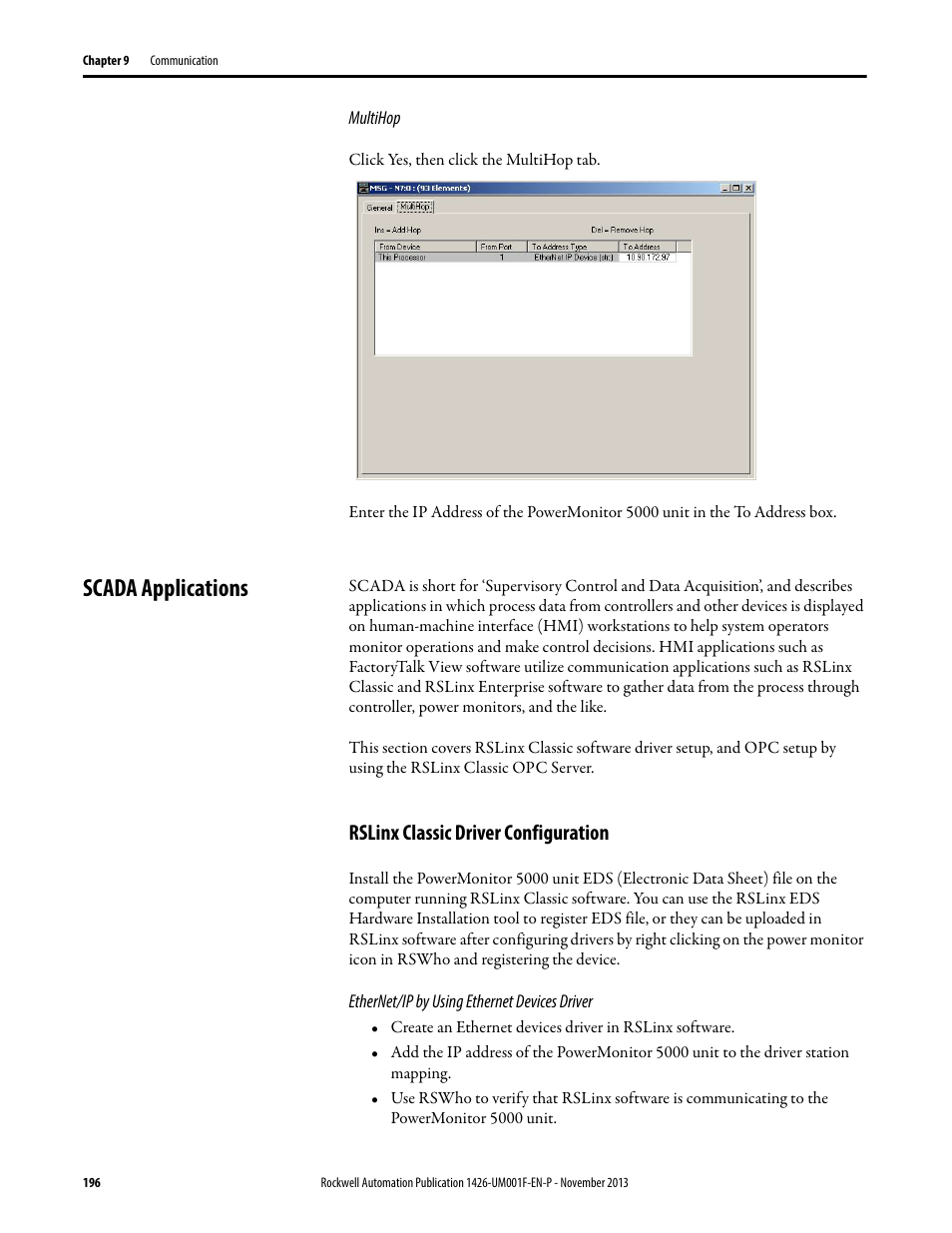 Scada applications, Rslinx classic driver configuration | Rockwell Automation 1426 PowerMonitor 5000 Unit User Manual | Page 196 / 396