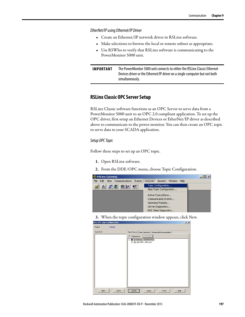 Rslinx classic opc server setup | Rockwell Automation 1426 PowerMonitor 5000 Unit User Manual | Page 197 / 396