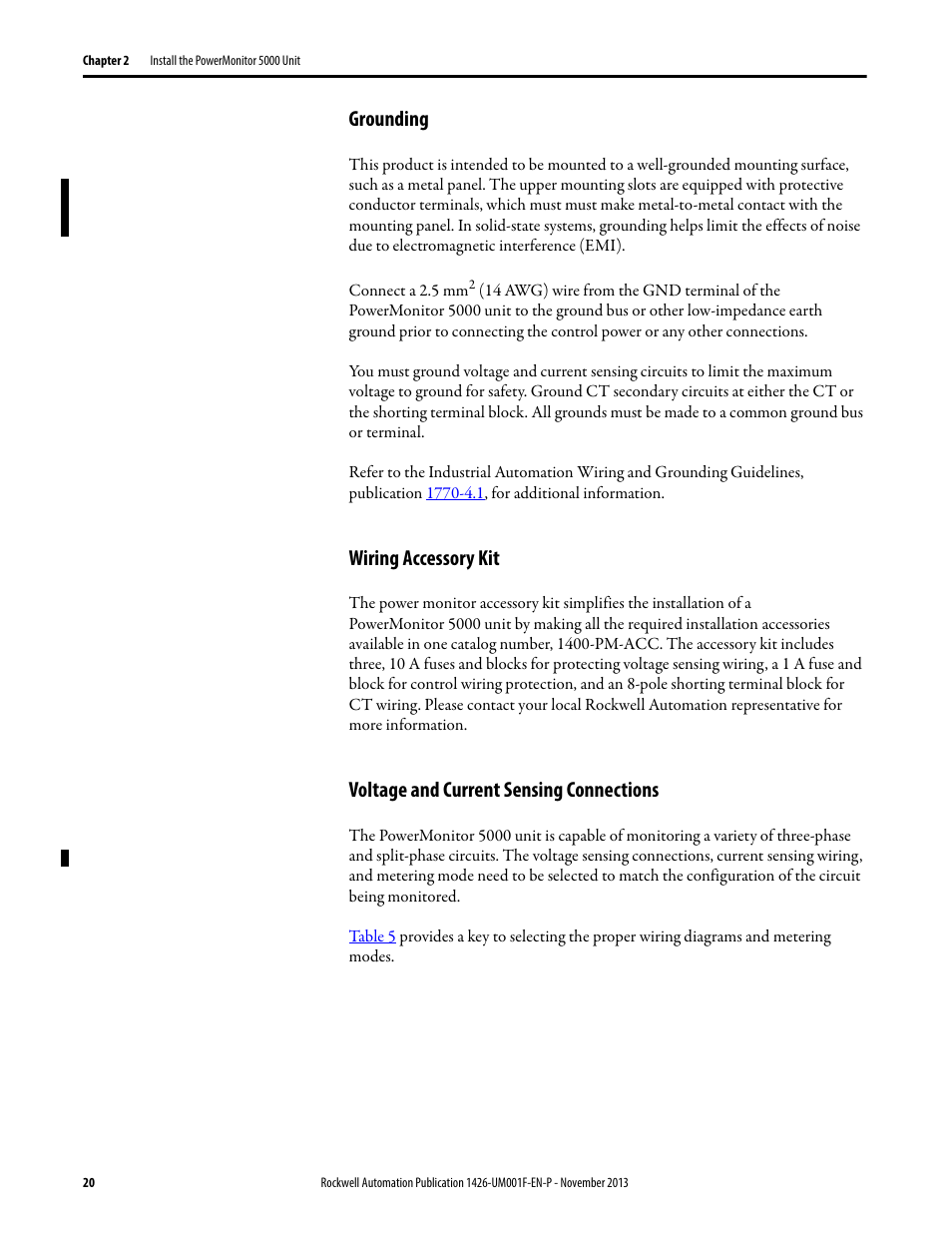 Grounding, Wiring accessory kit, Voltage and current sensing connections | Rockwell Automation 1426 PowerMonitor 5000 Unit User Manual | Page 20 / 396