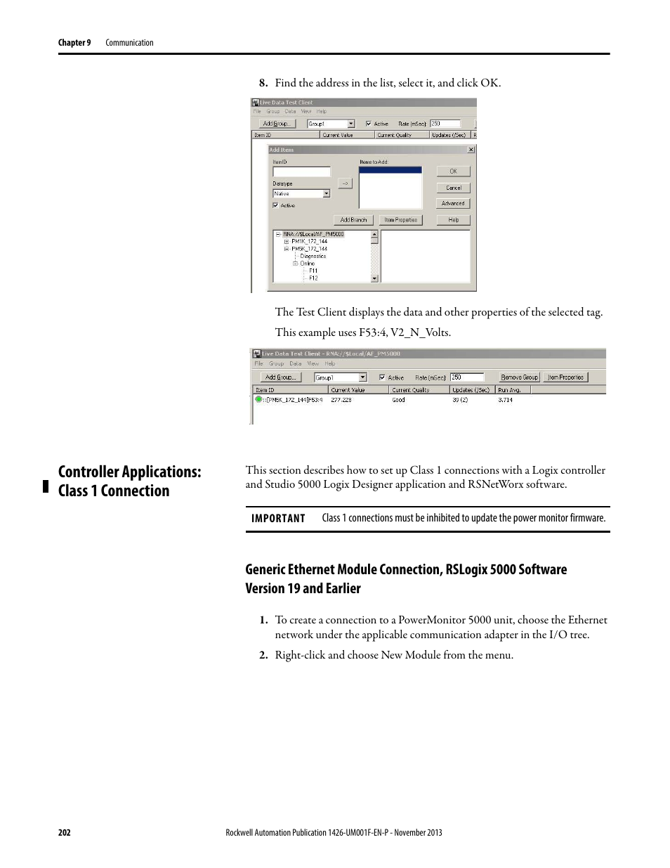 Controller applications: class 1 connection | Rockwell Automation 1426 PowerMonitor 5000 Unit User Manual | Page 202 / 396