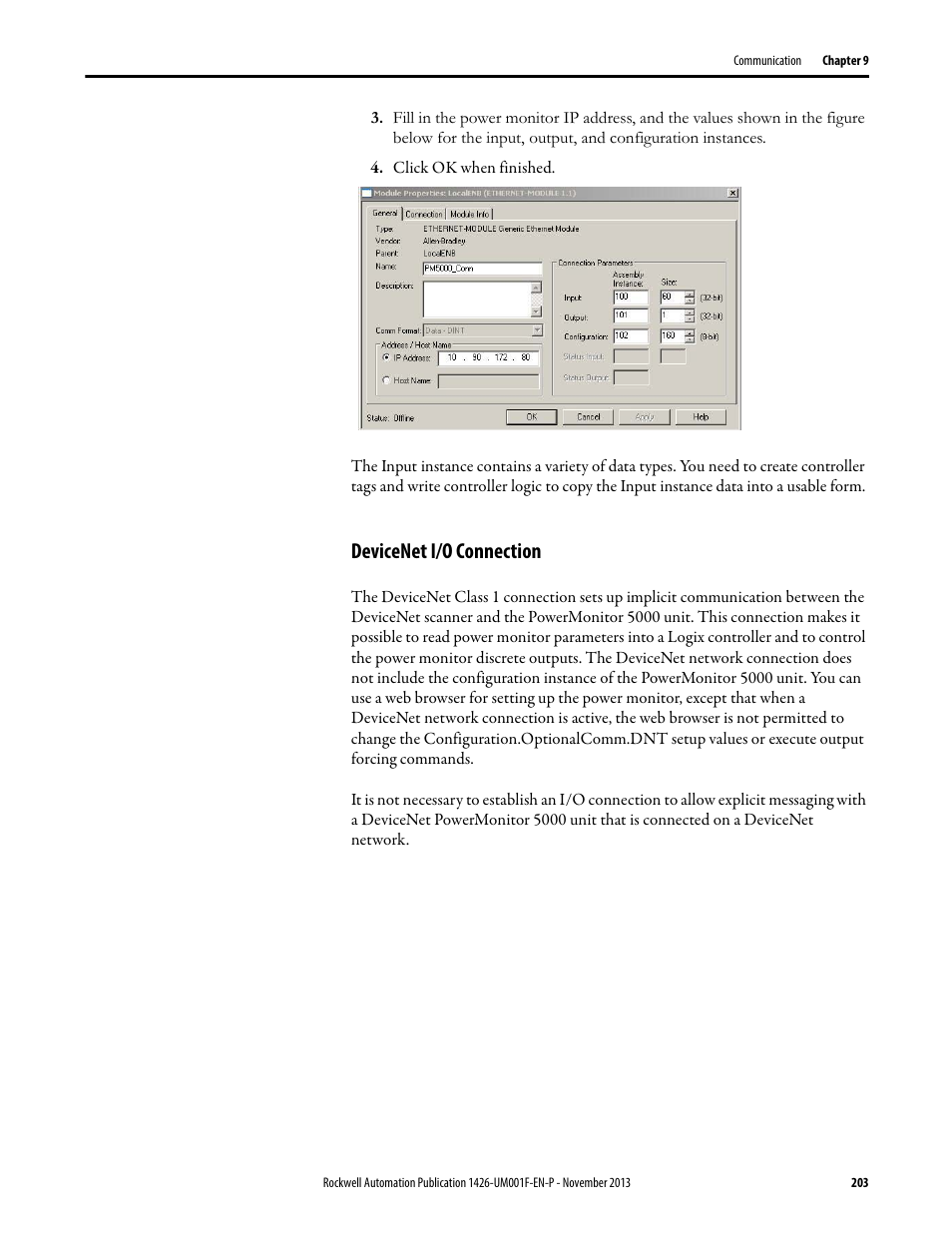 Devicenet i/o connection | Rockwell Automation 1426 PowerMonitor 5000 Unit User Manual | Page 203 / 396