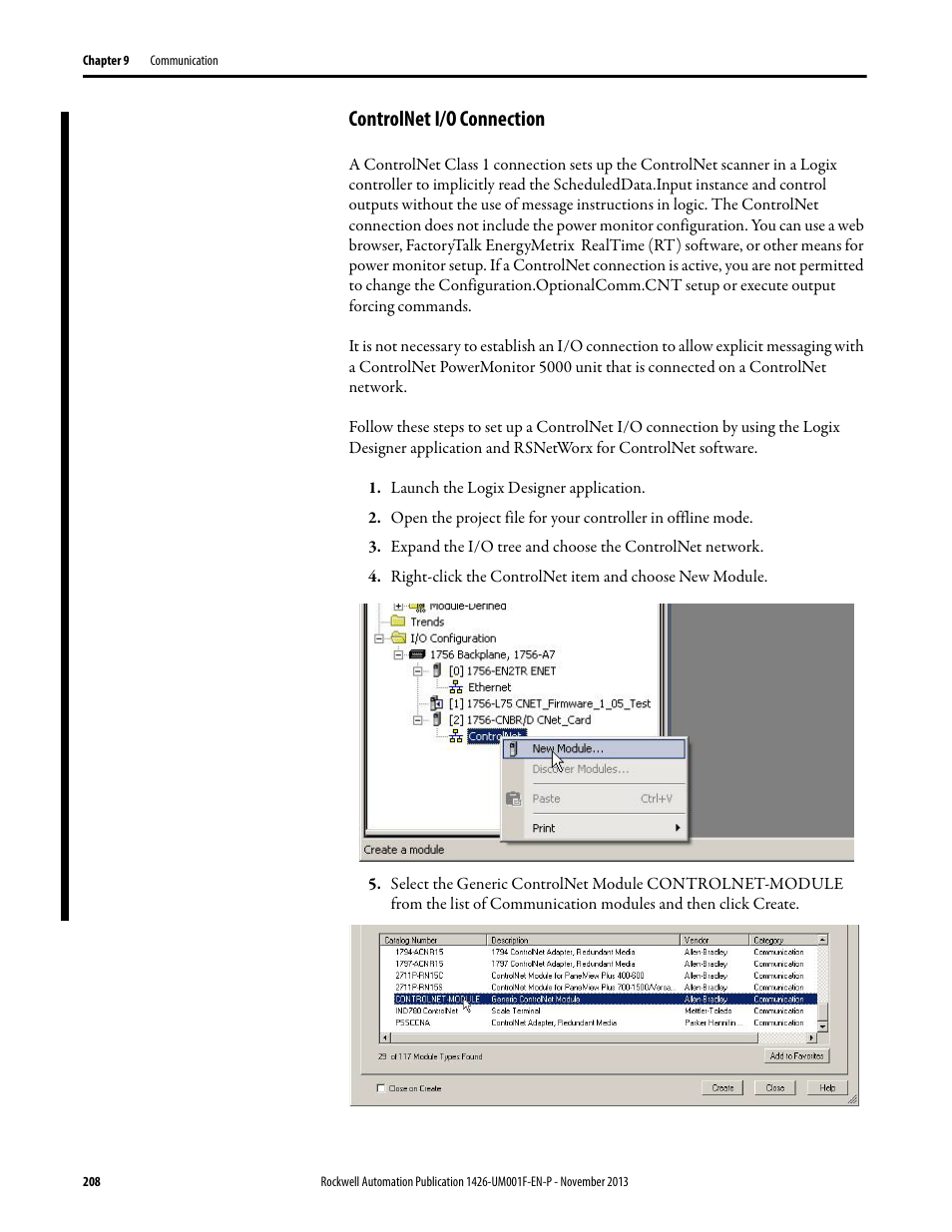 Controlnet i/o connection | Rockwell Automation 1426 PowerMonitor 5000 Unit User Manual | Page 208 / 396