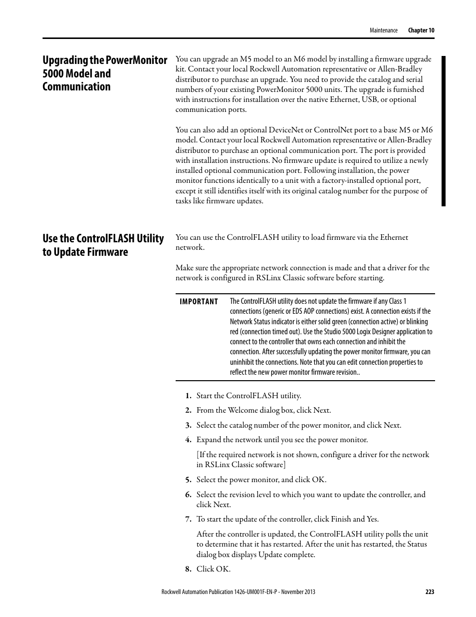 Use the controlflash utility to update firmware | Rockwell Automation 1426 PowerMonitor 5000 Unit User Manual | Page 223 / 396