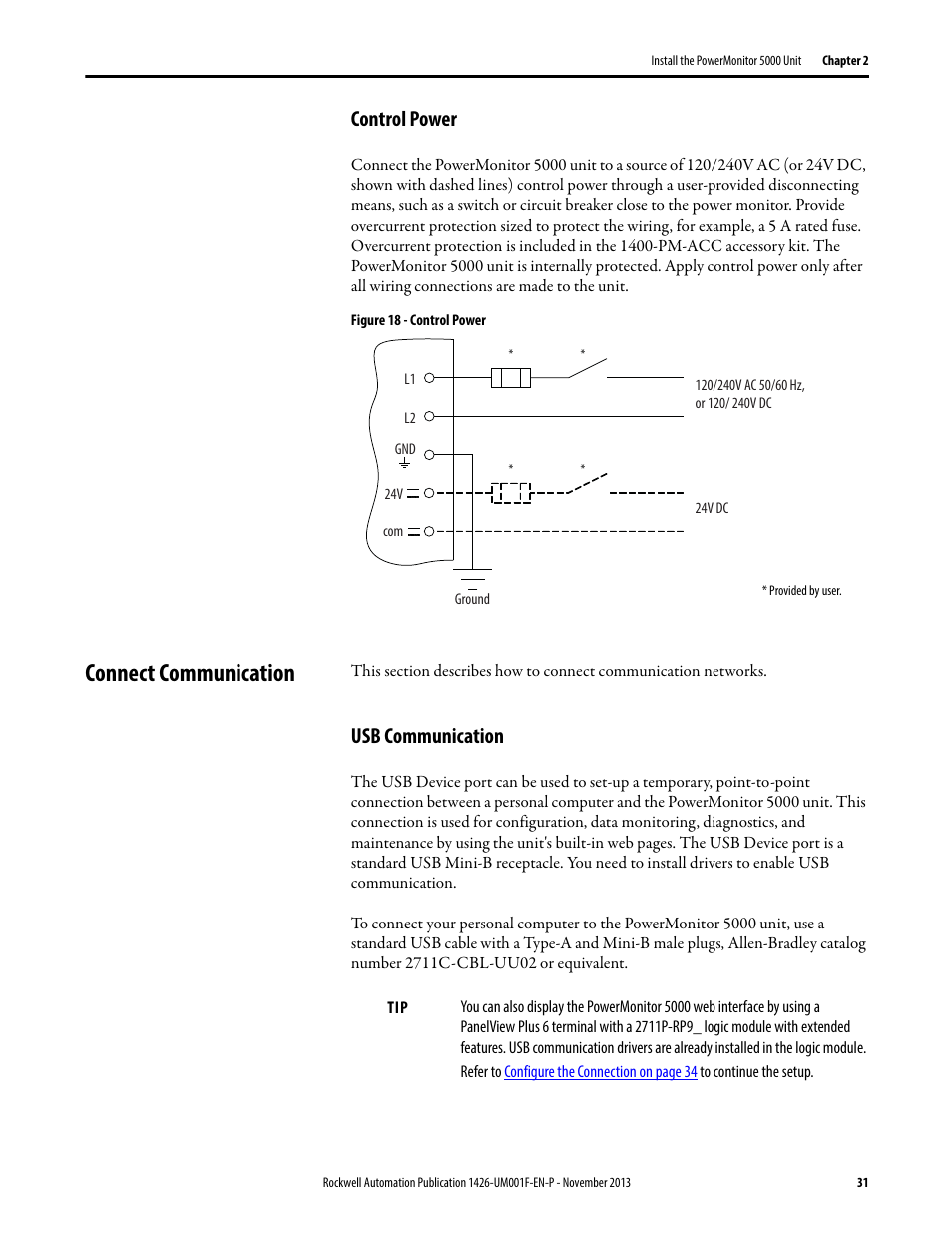 Control power, Connect communication, Usb communication | Rockwell Automation 1426 PowerMonitor 5000 Unit User Manual | Page 31 / 396