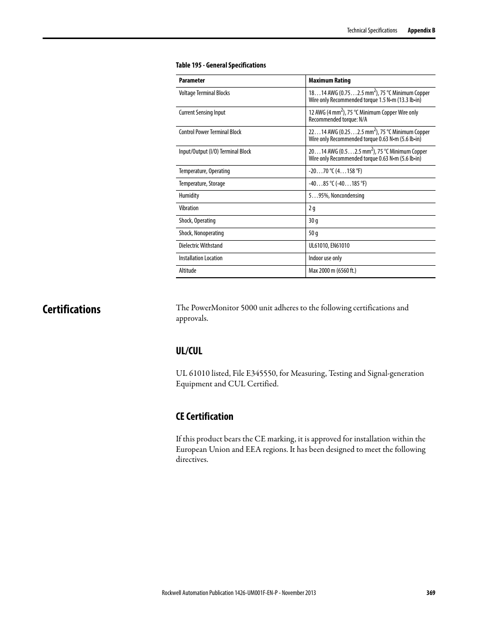 Certifications, Ul/cul, Ce certification | Rockwell Automation 1426 PowerMonitor 5000 Unit User Manual | Page 369 / 396