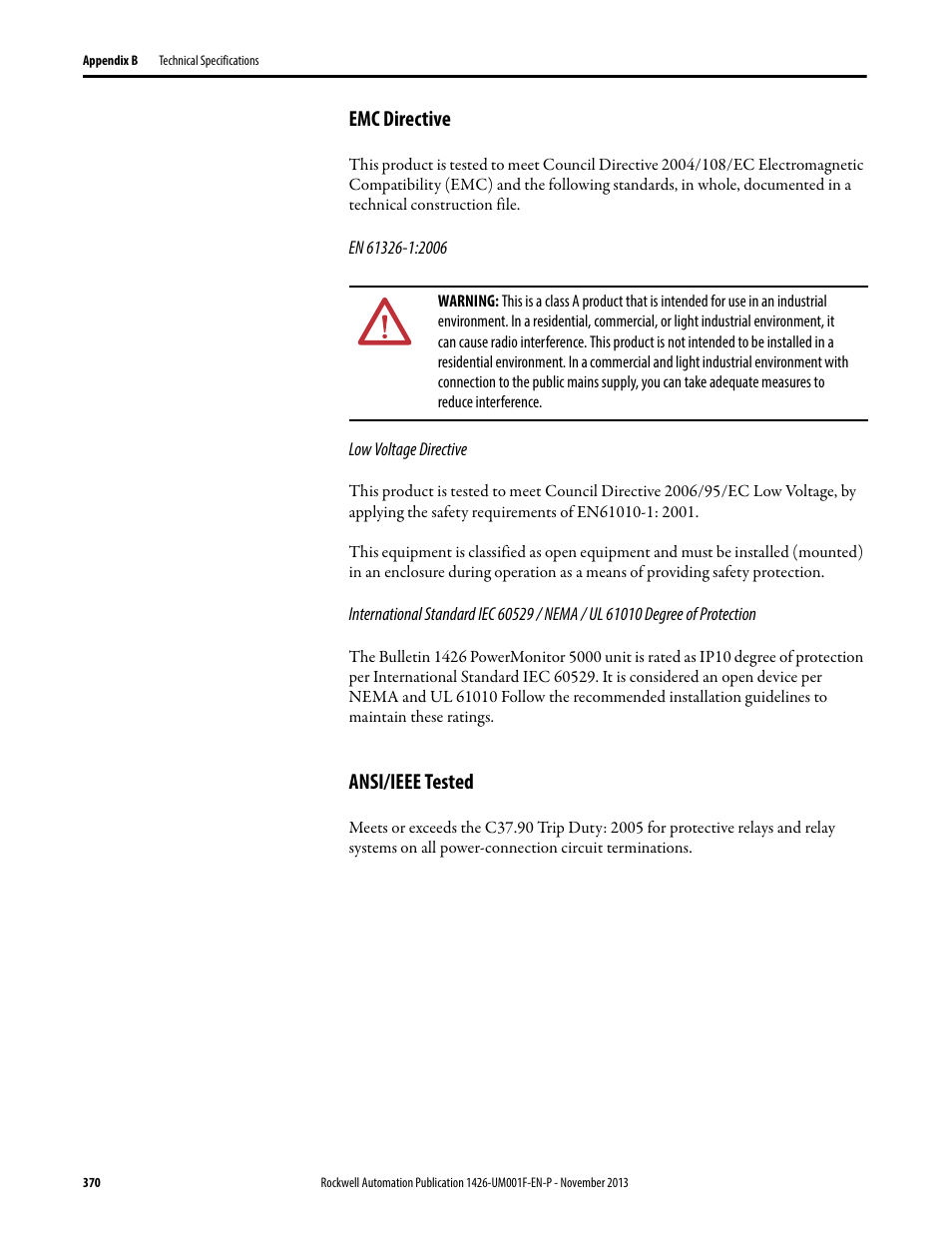 Emc directive, Ansi/ieee tested | Rockwell Automation 1426 PowerMonitor 5000 Unit User Manual | Page 370 / 396