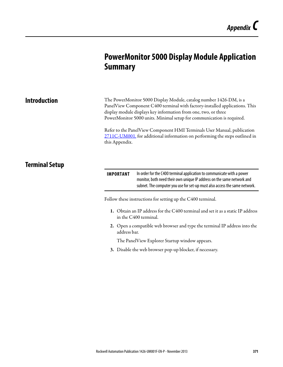 Introduction, Terminal setup, Appendix c | Introduction terminal setup, Appendix | Rockwell Automation 1426 PowerMonitor 5000 Unit User Manual | Page 371 / 396