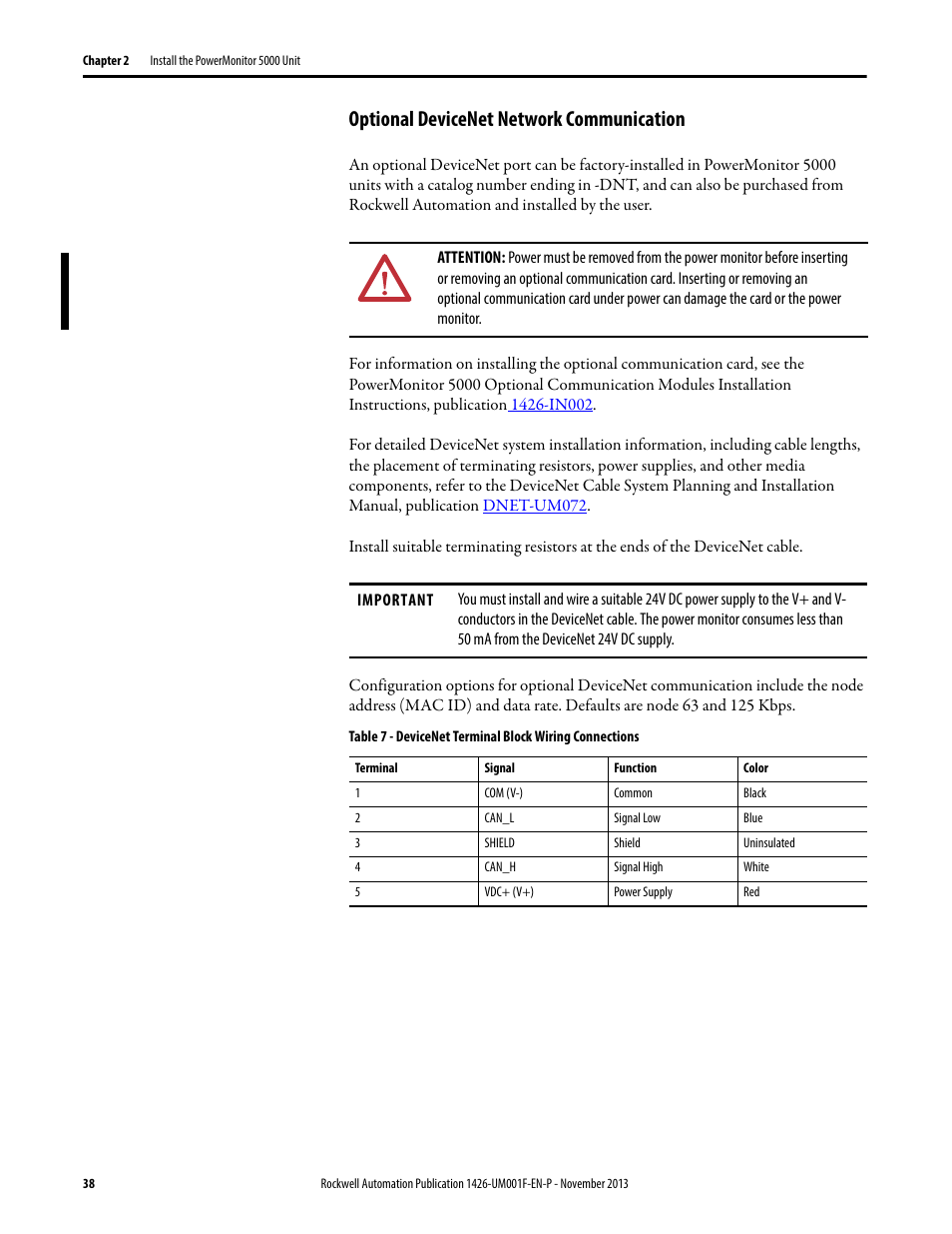 Optional devicenet network communication | Rockwell Automation 1426 PowerMonitor 5000 Unit User Manual | Page 38 / 396